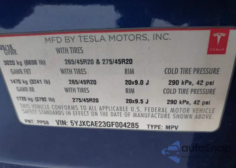 2016 Tesla Model X 60D/70D/75D/90D from USA, damaged, VIN 5YJXCAE23GF004285